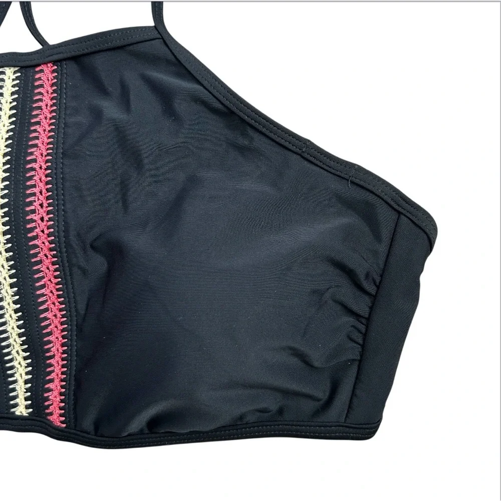 TRUE CRAFT Women’s Halter Bikini Top Black Red/Yellow Boho Embroidery Detail‎ L